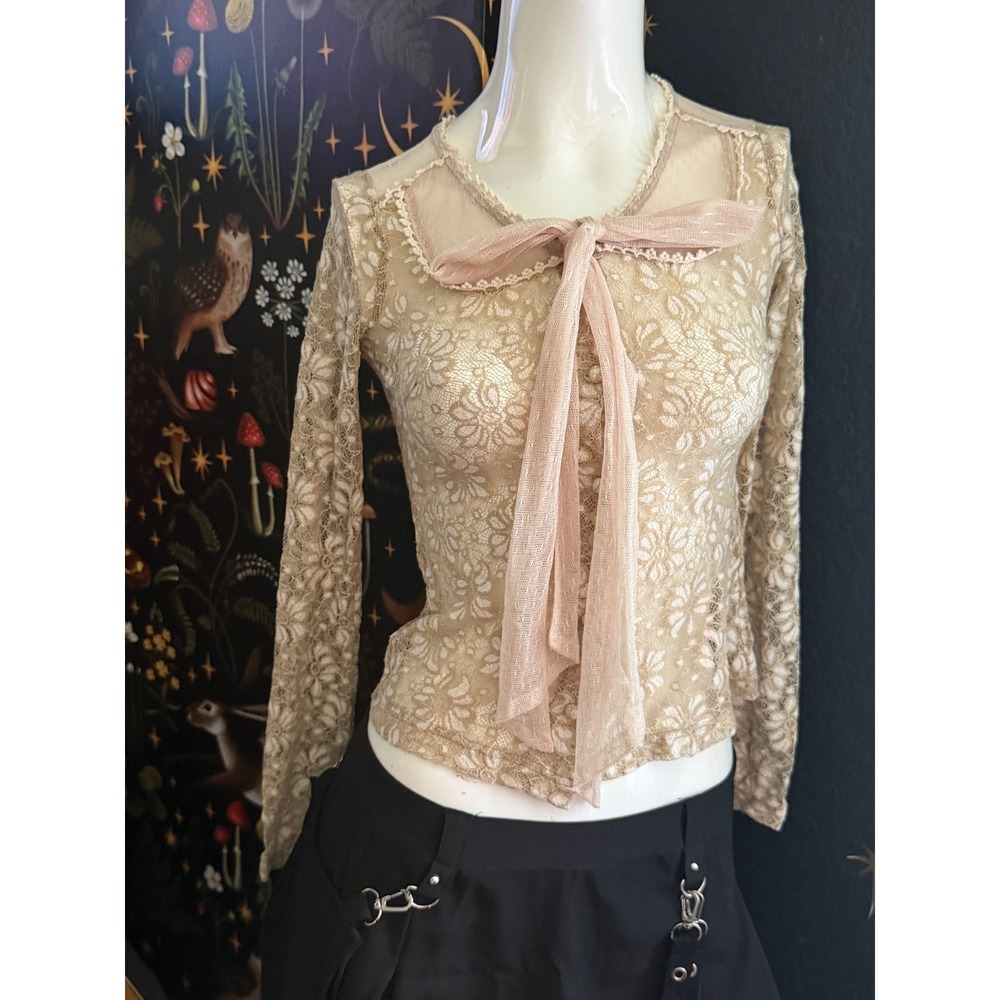 Ryu Floral Lace Bow Top Beige Cold Shoulder Long Sleeve Blouse Small